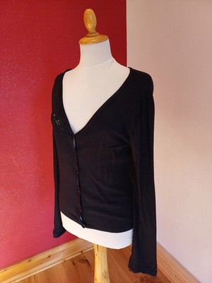 Mango MNG Fein Strick Jacke Schwarz Sickerei Lochmuster  Gr. 36 / 38 , S / M