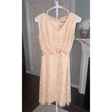 Rare Vintage 1960s Ninette of Melbourne Peach Lace Dress S Formal Crystal Button
