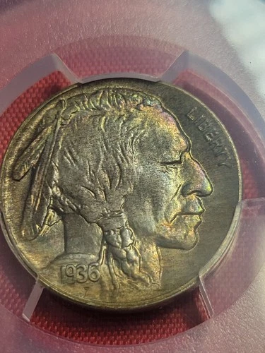 1936d Buffalo Nickel Pcgs MS65  Rainbow  Color
