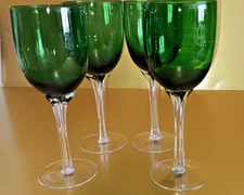 Set of 4 Emerald Green Murano Style, Blown Glass Wine Glasses - 8 Inches Tall