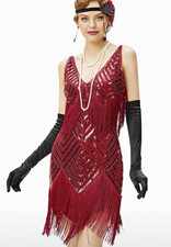 Women's Flapper Dress Costume, Red Sequined Fringe with Black Gloves