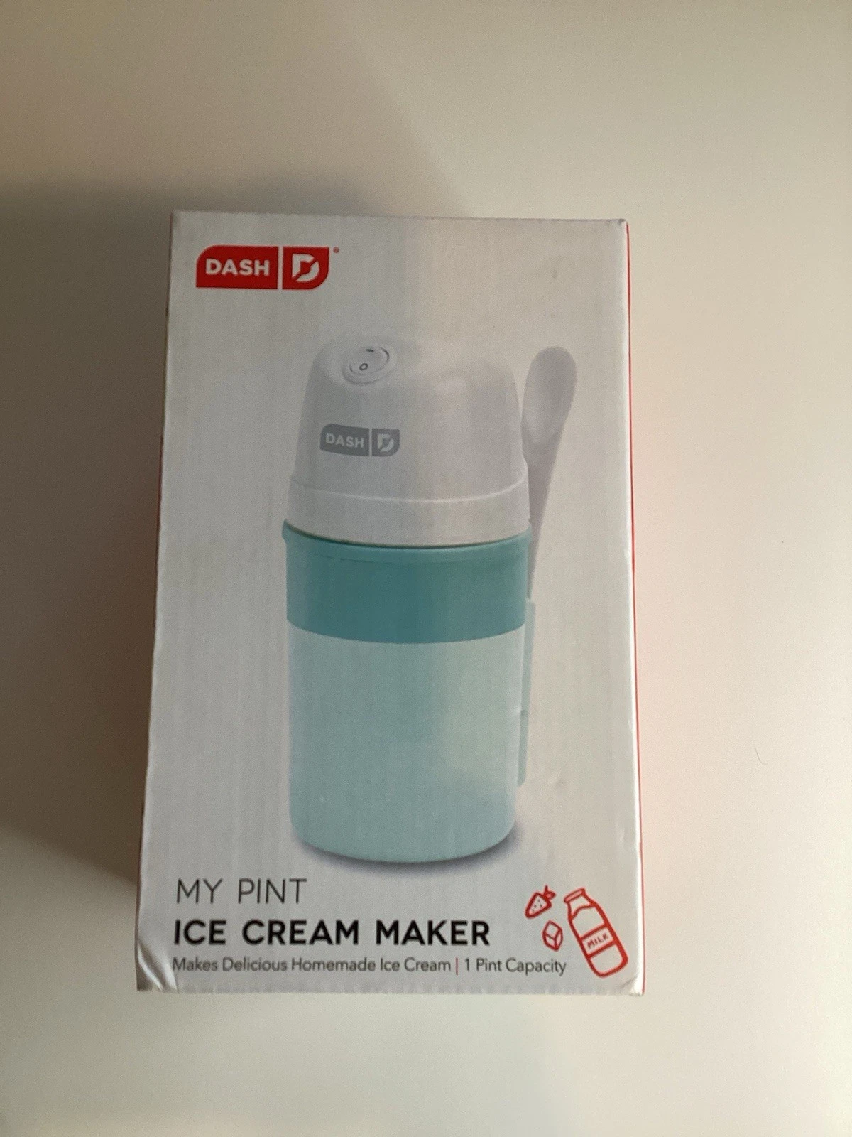 Dash My Pint Ice Cream Yogurt Sorbet Maker Aqua & White w/ Mixing Spoon, New
