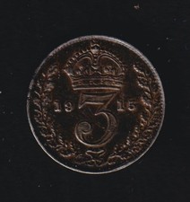 Great Britian 1915 3p Three Pence Silver Coin King George V .925 Silver