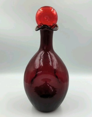 Vintage Blenko Ruby Red Pinched Crackle Glass Decanter Bottle Replaced Stopper