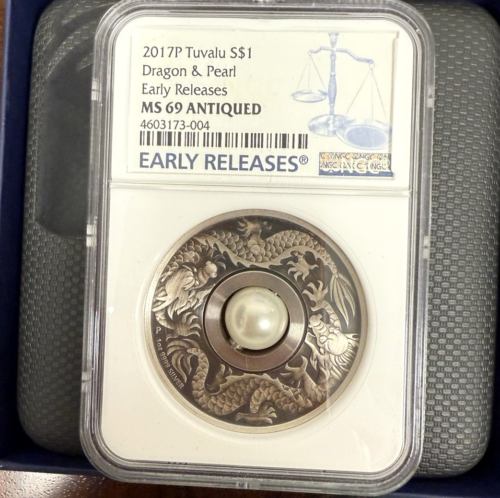 2017 P Tuvalu Dragon & Pearl ANTIQUED 1oz Silver $1 COIN NGC MS 69