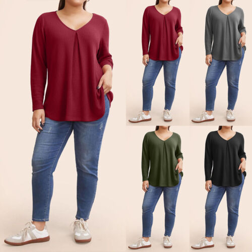 PLUS SIZE ⭐ Women V Neck Basic Tunic Tops Long Sleeve Casual Loose Jumper Shirt