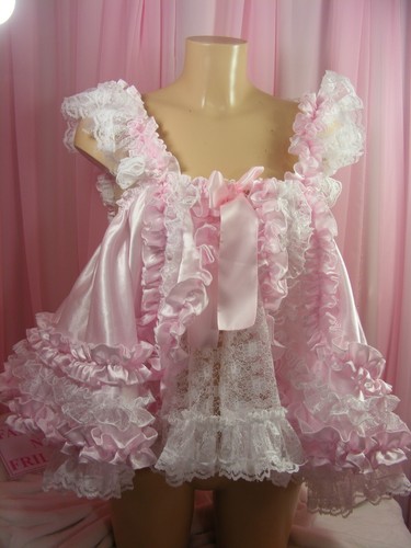 sissy adult baby white pink lace frilly ruffled baby doll nightie negligee dress - Picture 2 of 9