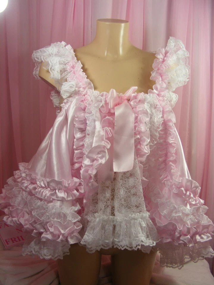 sissy adulto bebé blanco rosa encaje volantes bebé muñeca camisón vestido negligee Foto 2 de 4