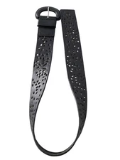 Black Genuine Leather Laser Cutout Belt Womens M Single Prong Buckle Boho Retro