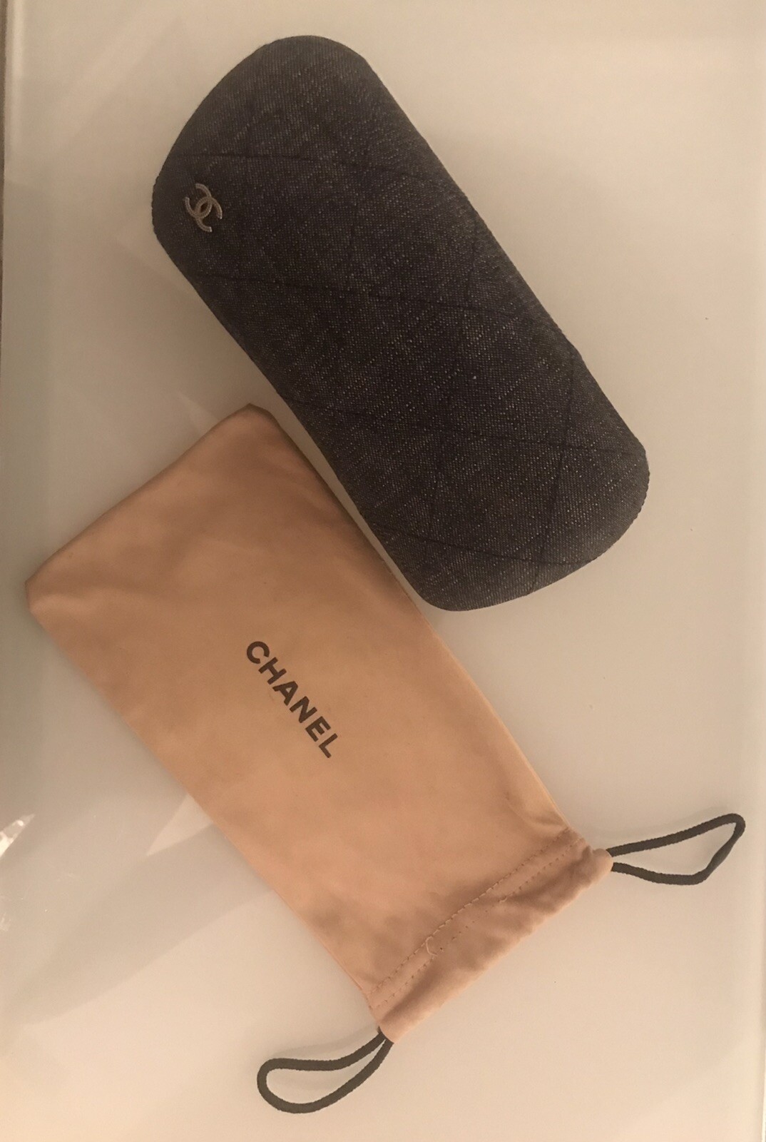 Genuine CHANEL Denim Hard Sunglass Case with Silvery CC Charm & Soft Case