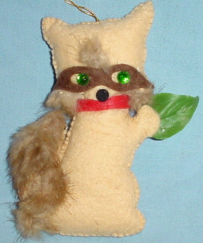 VINTAGE FELT FOX  CHRISTMAS ORNAMENT RHINESTONE EYES FAUX FUR TRIM 5"