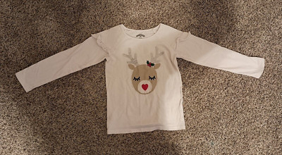 Reindeer T-Shirt Girls 5T White Tee Rudolph Long Sleeve Christmas Holiday 