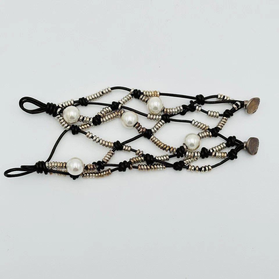 Uno de 50 Multi Pulseira de Pérolas de Couro Pérolas do Deserto Prata RARO - Imagem 4 de 4
