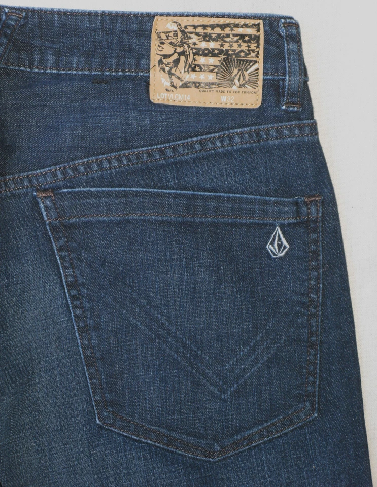 Volcom Kinkade Classic Straight Jeans Men Sz 32 X 28 Dark Blue w Stretch Raw Hem - Image 3 of 4