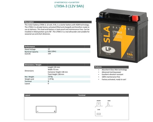 YB9L-B AGM Motorradbatterie 9Ah 12V LANDPORT LTX9A-3 5091 YB9L-A2 12N7-3B CB9L-B - Bild 6 von 7