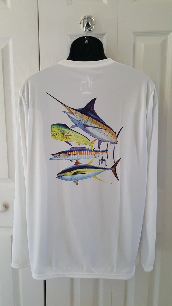 GUY HARVEY Men's UPF 30 Sun Performance Long Sleeve Shirt Fishing White