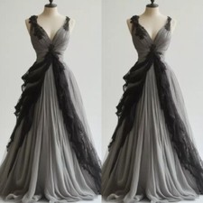 Gothic Wedding Dresses Off Shoulder Black Lace Appliques Ruffles Bridal Gowns /