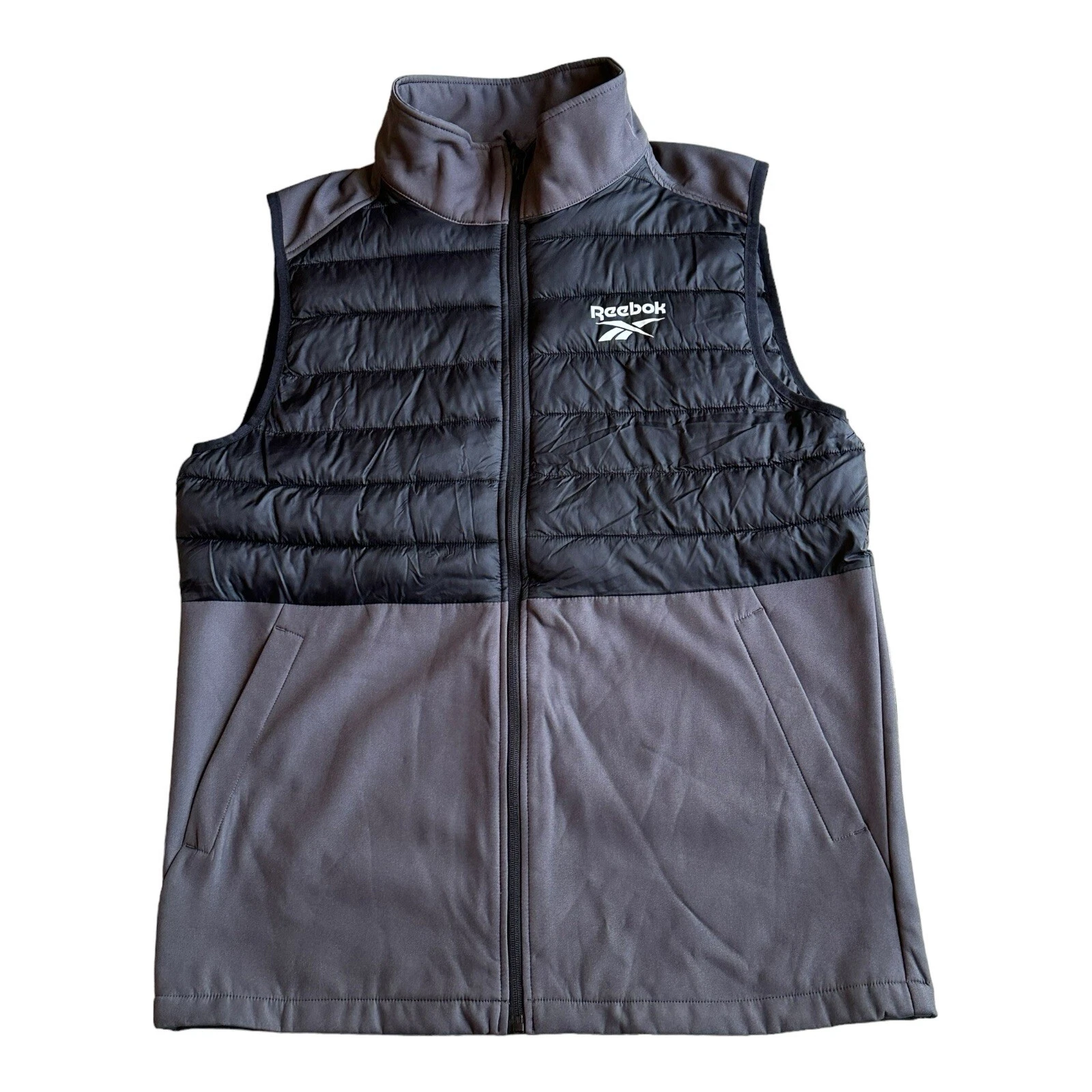 NWT REEBOK MEN Medium FULL ZIPPER TOP-HALF PUFFER VEST BLACK & GRAY MSRP $110