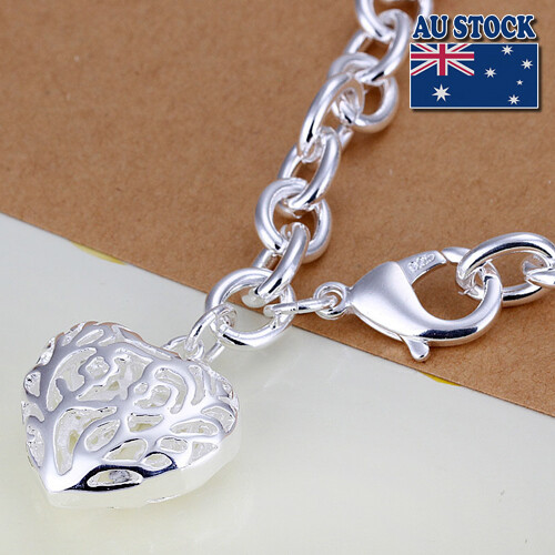 925 Sterling Silver Layered Womens Filigree Heart Charm Bracelet Bangle 8.0"