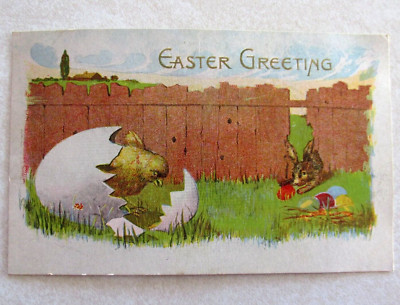 b347 postcard vintage Easter Greeting Chick Hatching Bunny 1908