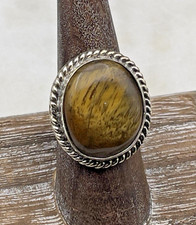 Ring 925 Silver Plated Round Tiger's Eye Natural Stone Ring Sz 6.25 NOS