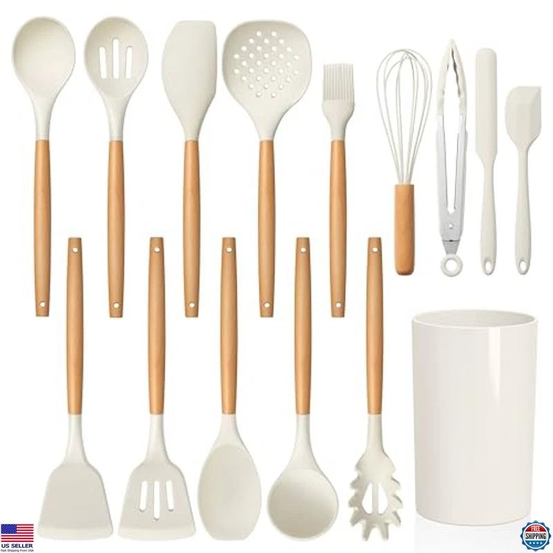 LIANYU 15-Piece Silicone Kitchen Utensils Set - Heat Resistant Non-Toxic, White