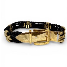 2" Vintage Heavy Corded Chic Gold Tone Black Rope Belt With Buckle Made in Italy