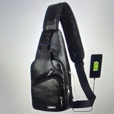 Men's Black Crossbody Sling Chest Bag w/ USB Port, Adjustable Strap, Pockets