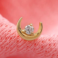 Solitaire Natural Diamond Crescent Moon Piercing Mini Stud Earrings For Wedding
