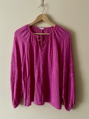 Hush Top Womens UK 10 Pink Spotted Smock Tie Blouse Boho Peasant