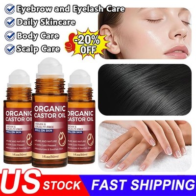 Organic Castor Oil Roll On, Castor Oil Roller for Eyes, Body Skin, Hair USA 