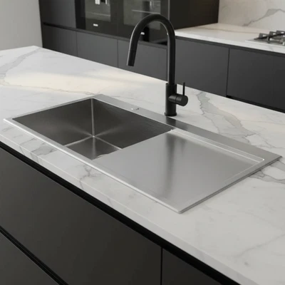 Prestige 1050D - Fregadero de cocina con inserción de acero inoxidable, cuenco individual, alta calidad