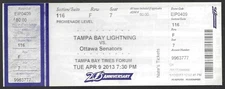 Tampa Bay Lightning vs Ottawa Senators April 9 2013 ticket stub