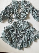 Rosevelvet Blue Floral Lace Ruffle Cutout Dress Set Boho Romantic Size L Fit M