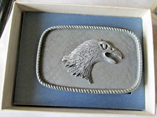VINTAGE PEWTER PATRIOTIC BALD EAGLE UNISEX BELT BUCKLE, NOS BOXED W/O TAGS
