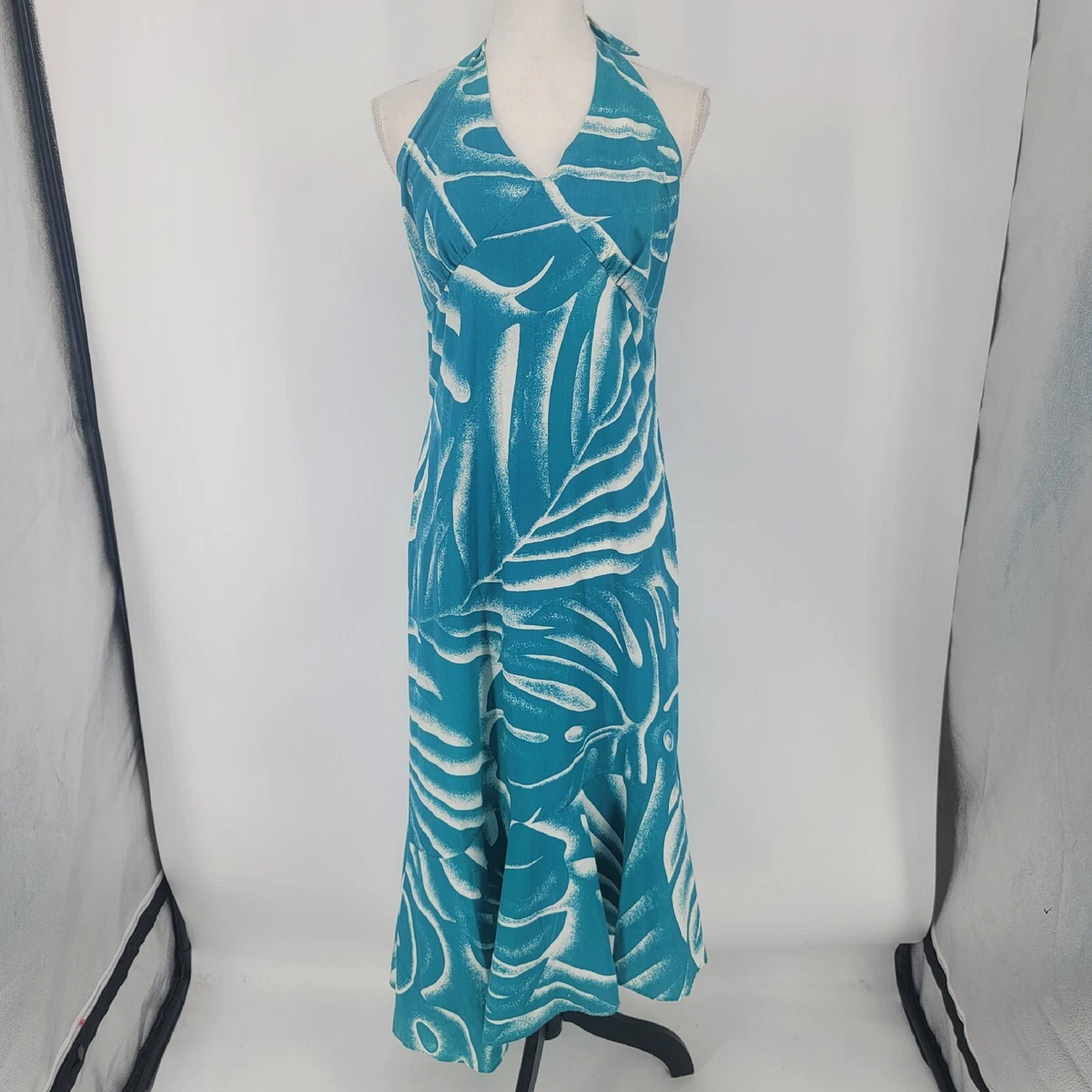 Good Times Hawaii Halter Maxi Dress Tropical Teal White Women s