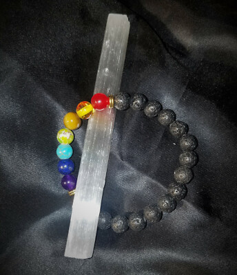 Chakra Semi-Precious Stones & Lava Beads Stretchy Bracelet, Selenite Wand REIKI!