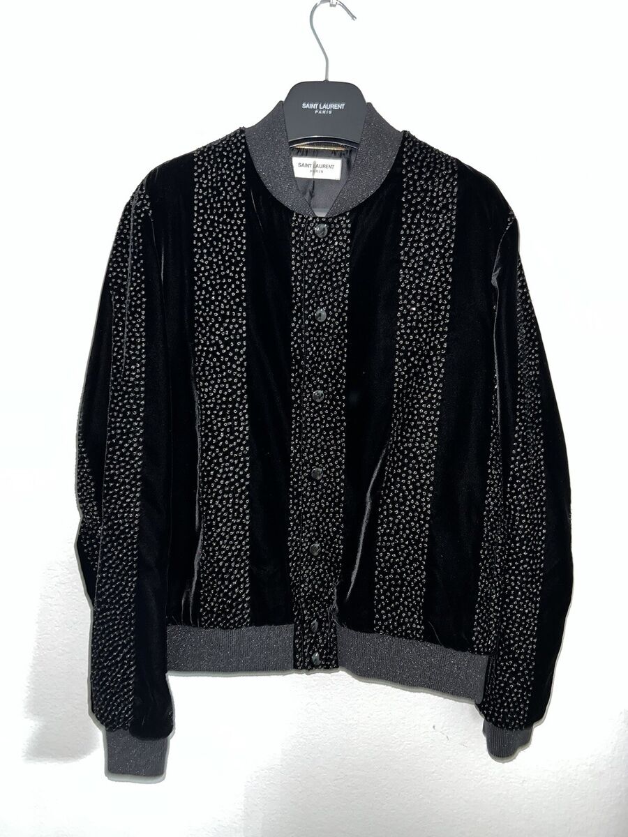 【関税込み】saint laurent LOGO EMBROIDERY BLOUSON Saint Laurent Logo BLACK Velvet Embroidered Crystal Jacket