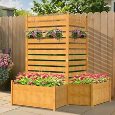 Docred 2 Panel Privacy Fence w/ Planter Box Outdoor Wood Decorative Fence No-Dig