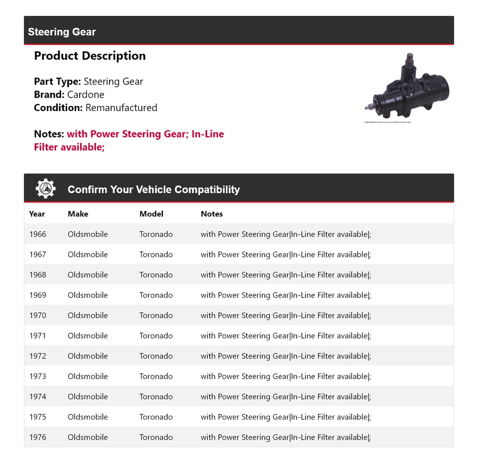 Para 1966-1976 Oldsmobile Toronado engranaje de dirección Cardone 1967 1968 1969 1970 1971 Foto 2 de 4