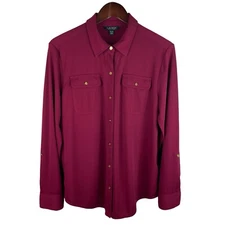 Lauren Ralph Lauren Size XL Berry Red Button Long Sleeve Tunic Blouse Career