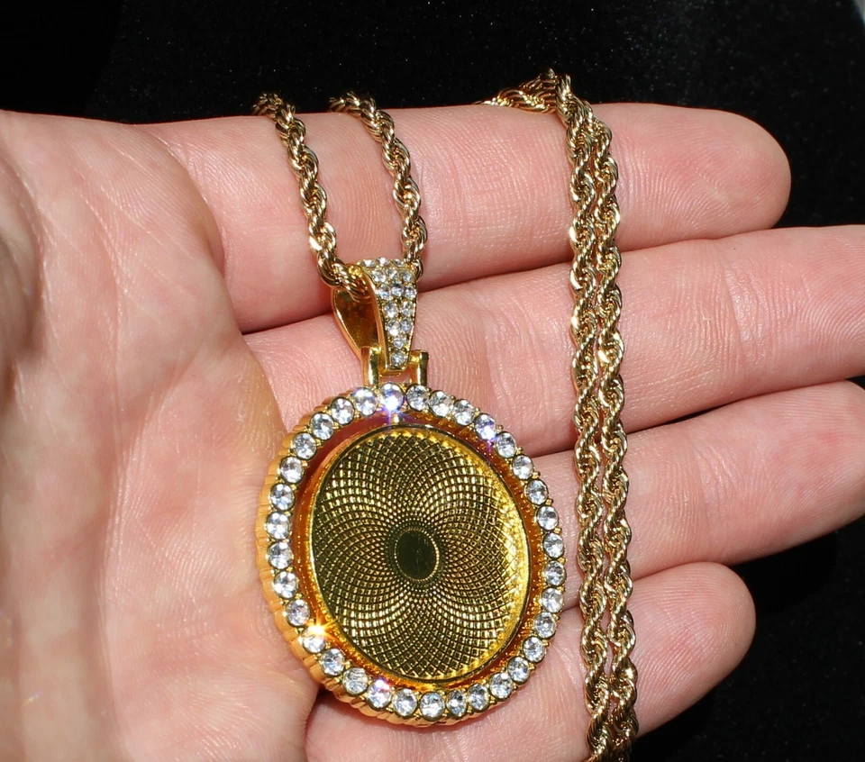 Picture Spinner CZ 2 Sided Pendant + Glass Gold Plated Stainless Steel Necklace - Image 4 of 4