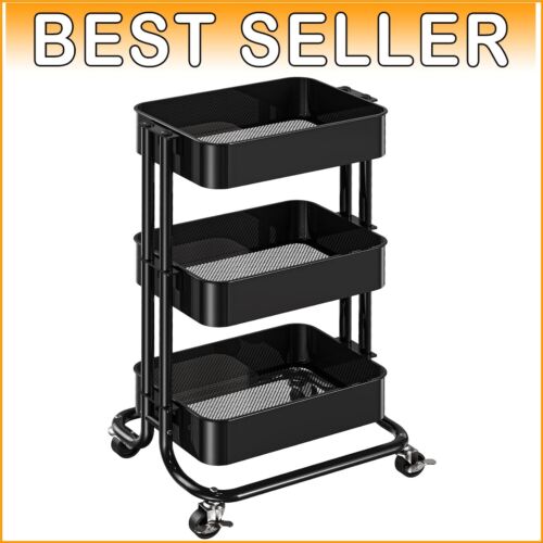 Stylish Black 3-Tier Metal Rolling Utility Cart with Mesh Baskets - Indoor Use