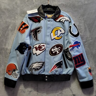 Jeff Hamilton NFL Collage Wool & Leather Jacket Blue Men's Sz L