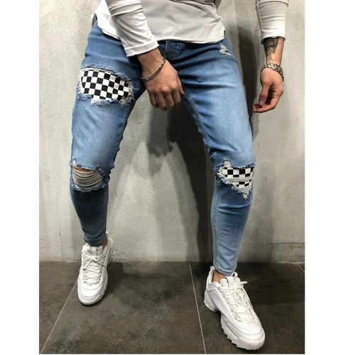 Pantalones Vaqueros Rasgados Para Hombre AjustadosDe Parches A Cuadros  Elástico | eBay