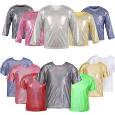 Kids Girls Boys Shiny Metallic T-shirt Sparkly Jazz Dance Top Performance Blouse