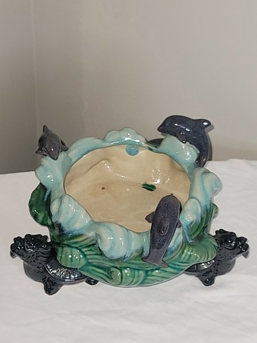 Whimsical Footed Planter Bowl Dolphins Jumping Waves & 3 Dragons as Feet Asian - Picture 2 of 7