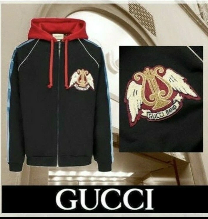 Gucci band zip bomber jacket l felpa cappuccio nero rosso arph uomo donna felpa con cappuccio