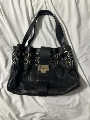 Jimmy Choo Ramona Large Black Pebble Leather Shoulder Bag with Brass Trim