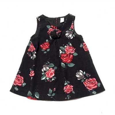 Macy's Girls 12 Months Black Floral Sleeveless A-Line Long Dress Bow Button